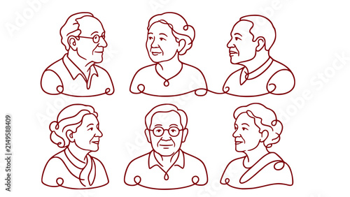 set of elderly people portraits in one line. Vector continuous contour drawings of grandmothers and grandfathers faces in red