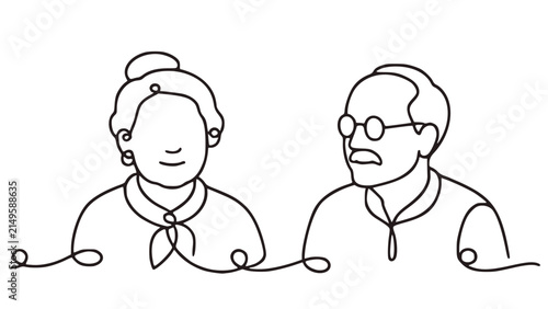 Grandparents silhouettes drawn in one line. Black vector minimalist sketch of elderly people's faces