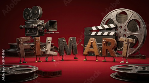 Movie Magic: Adorable animated letters spell out FILM ART amidst a vibrant tableau of vintage film equipment, celebrating the enchanting world of cinema.