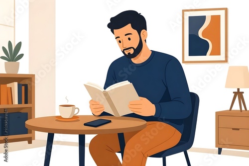 Young Man Reading Book at Table with Coffee at Home