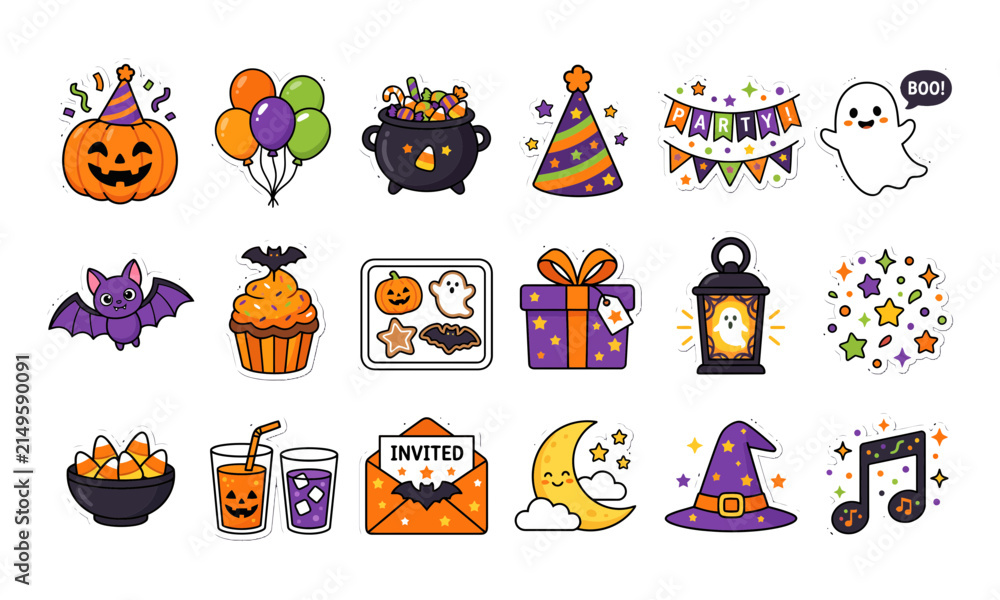 Fototapeta premium A collection of charming black and white halloween stickers with festive icons for holiday celebrations