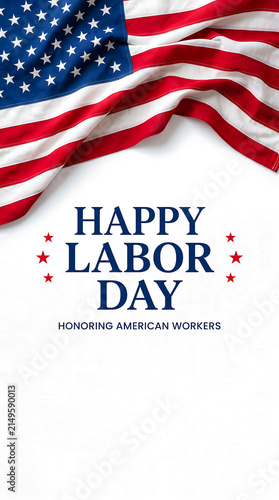 Vertical patriotic Happy Labor Day greeting card with draped American flag and text honoring workers on a white background with copy space