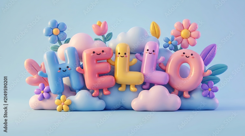 Fototapeta premium HELLO in Cheerful Cartoon Style: The word HELLO is brought to life with playful, anthropomorphic letter characters, surrounded by soft clouds, vibrant flowers, and delicate leaves.