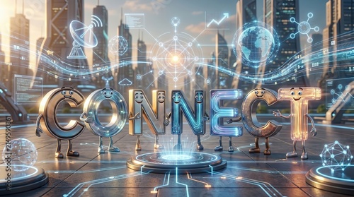 Connected Future: The word CONNECT comes to life with anthropomorphic letters, standing proudly against a backdrop of a futuristic cityscape.