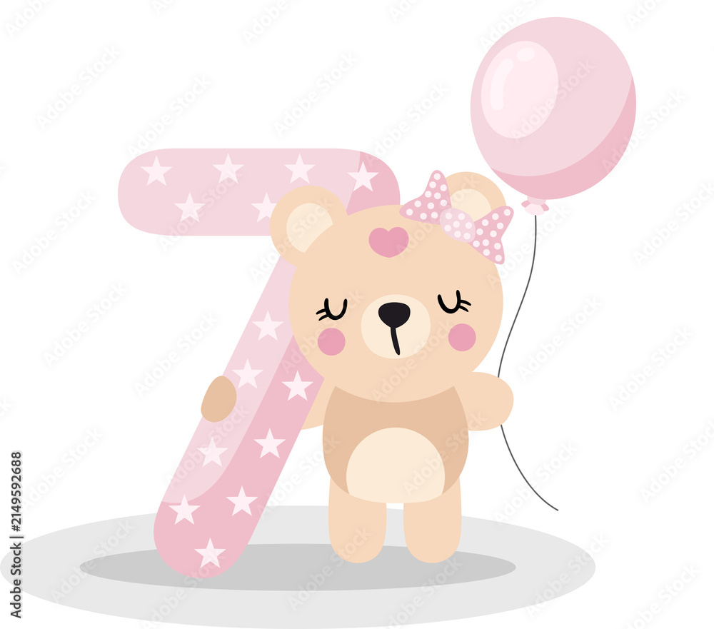 Fototapeta premium Cute Teddy Bear Holding Pink Number Seven With Birthday Balloon