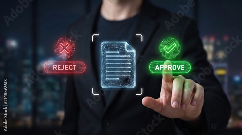 Принти на полотні document approval and digital verification concept showing businessman selecting