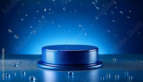 Isolated Royal Blue Colored Glossy Podium Placed On Royal Blue Colored Background With Water Drops Around It