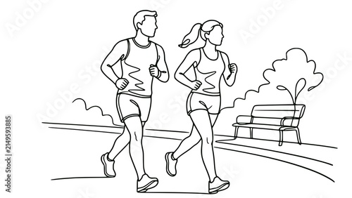 couple jogging in the park. Minimalist vector contour drawing of a running man and woman in continuous line style