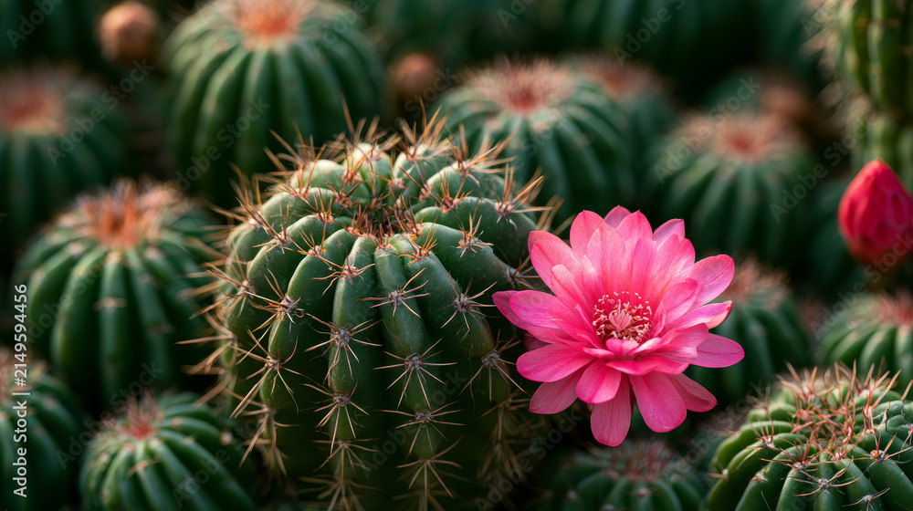 Obraz premium Vibrant Pink Cactus Flower Blooming Against Green Cactus Plant
