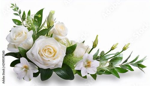White Roses And Eustoma Flowers In A Corner Arrangement Isolated On White Or Transparent Background