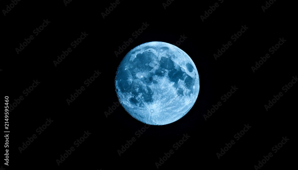 Naklejka premium Full Moon Glowing With A Cool Teal Blue Tint Against A Deep Black Night Sky Detailed Lunar Surface Texture And Craters Visible In Darkness