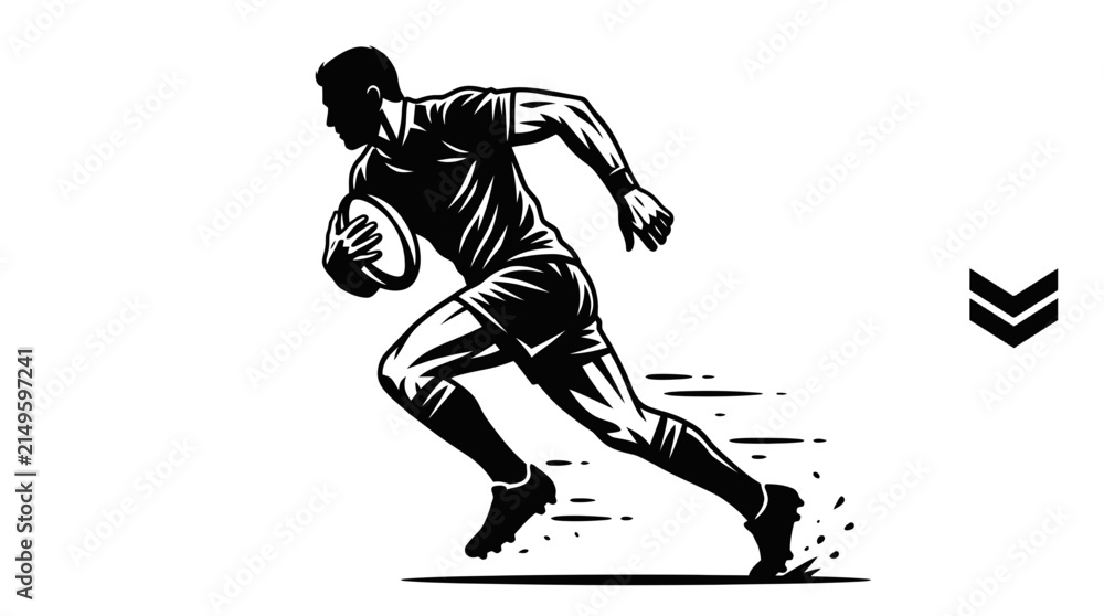 Fototapeta premium Rugby player sprinting with a ball in high contrast black and white vector art style