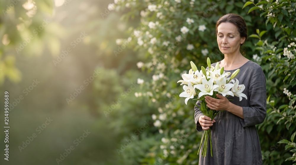Fototapeta premium A serene woman in a gray dress stands in a sun-dappled garden, holding a bouquet of white lilies with her eyes closed, conveying a sense of peace and contemplation.