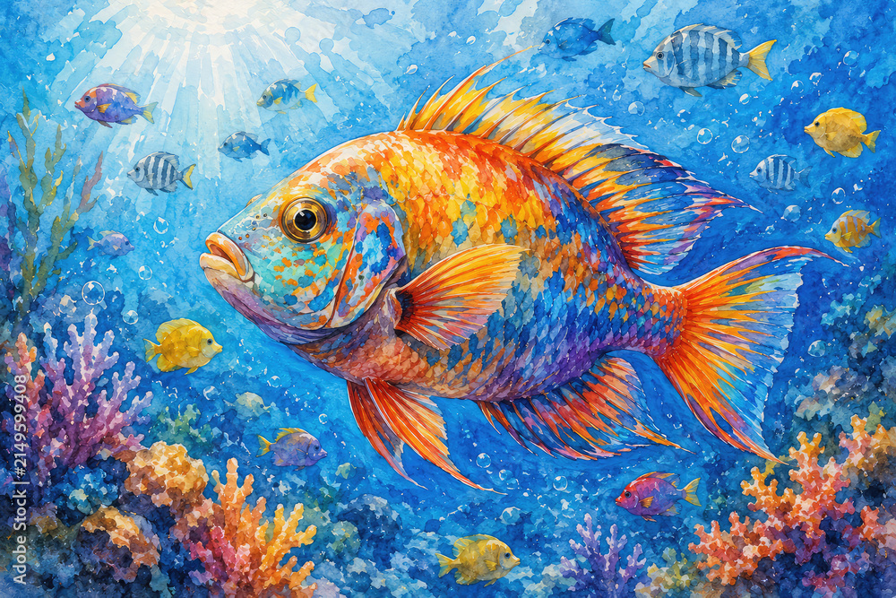Fototapeta premium Colorful Tropical Fish Watercolor Illustration in Coral Reef Underwater Scene