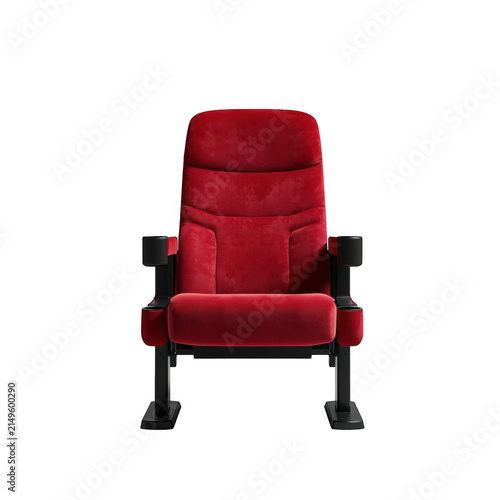 Single red velvet cinema seat with cup holder isolated on a solid black background, comfortable theater furniture isolated on a transparent background