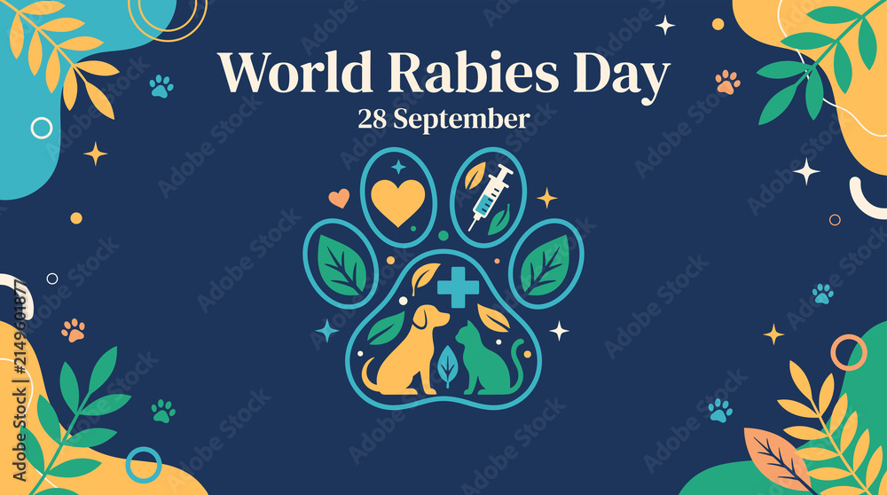 Fototapeta premium World Rabies Day illustration with paw print and vaccine icons