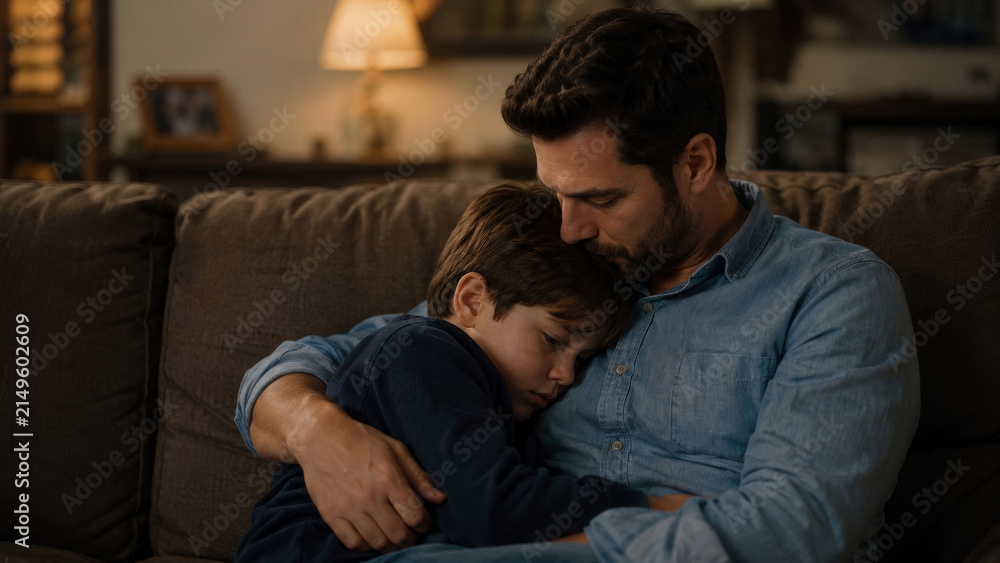 Fototapeta premium Tender moment of father comforting his young son while sitting together on comfortable sofa in cozy home environment during evening, showcasing love and support.