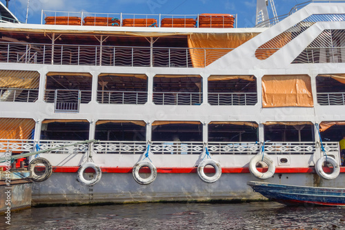 huge wooden balsa ship at port of Manaus in Brazil