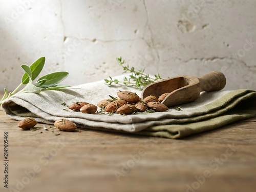A close-up view of herb coated almonds arranged nicely on a rustic wooden table with fresh kitchen herbs
