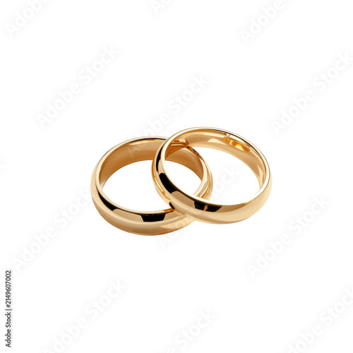 Two interlocking golden wedding rings isolated on a solid black background, representing eternal love, and commitment isolated on a transparent background