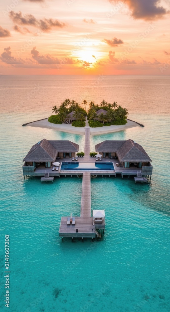 Fototapeta premium Tropical resort villas sit above turquoise ocean waters during a breathtaking sunset.
