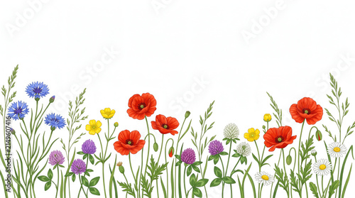 Watercolor Illustration of Vibrant Summer Meadow Wildflowers Featuring Red Poppies and Blue Cornflowers on a Pristine White Background