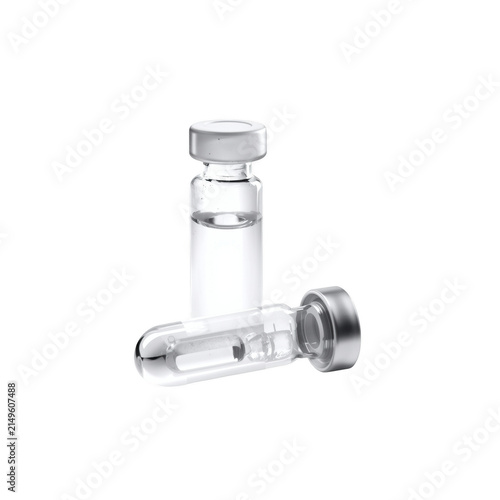 Two medical glass vials with clear liquid solution isolated on black background, for pharmaceutical research use isolated on a transparent background