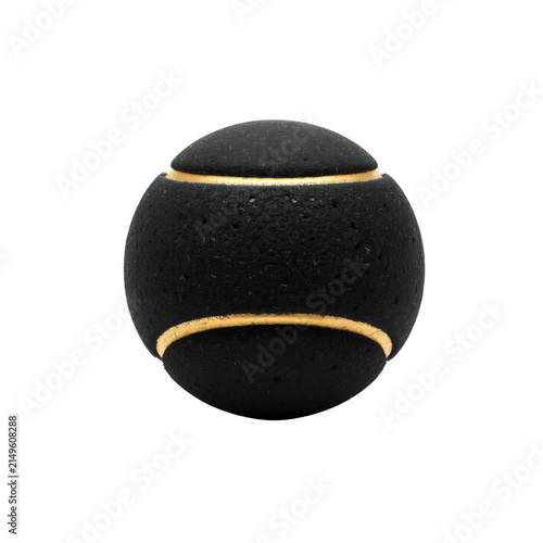 Unique black textured tennis ball with gold accents isolated on a solid dark background, for sports concept isolated on a transparent background