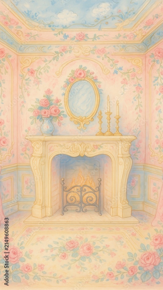 Obraz premium Pastel floral vintage fireplace elegance