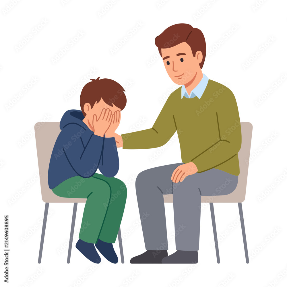Obraz premium A Caring Father Comforting His Sad Young Son Sitting on Chairs Together