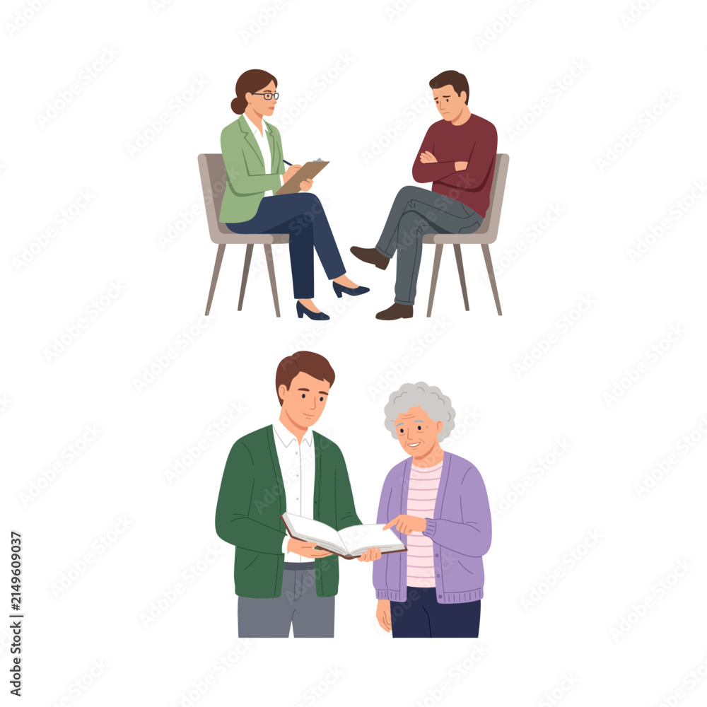 Fototapeta premium Professional Counseling Session and Caregiver Assisting an Elderly Person with a Book Illustrations