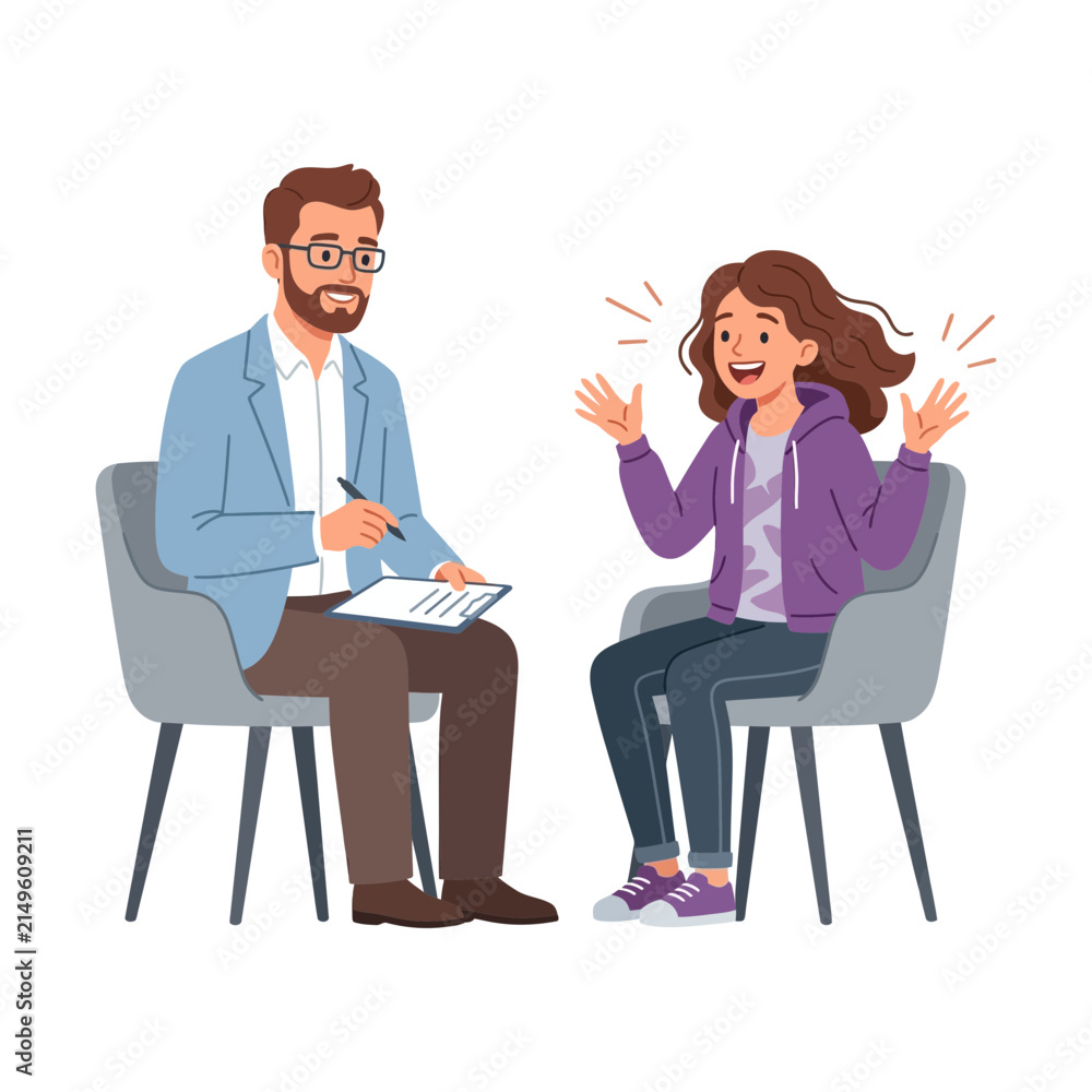 Obraz premium Professional Psychologist Talking To A Young Teenage Girl During A Private Mental Health Therapy Counseling Session