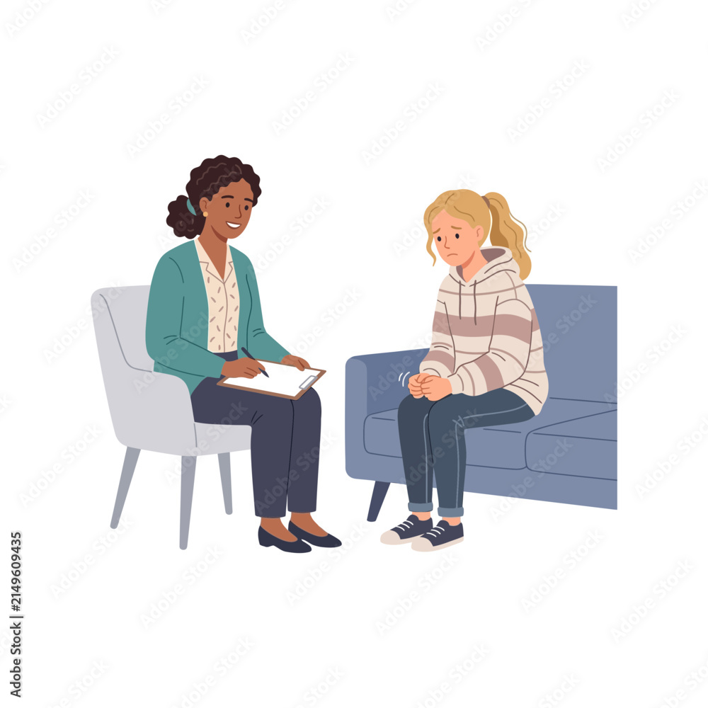 Obraz premium Young Girl Discussing Mental Health Struggles With Professional Female Therapist During Counseling Session