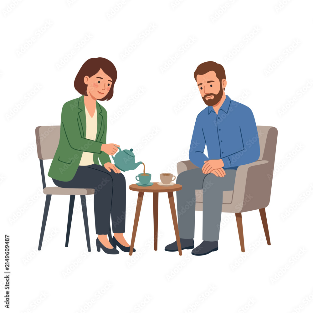 Obraz premium Woman Pouring Tea for a Thoughtful Man Sitting in an Armchair During a Relaxing Conversation