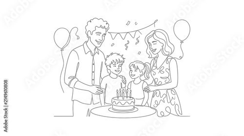 Canvas Print Family celebrating birthday with cake and balloons