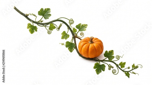 A single small orange pumpkin rests on a green vine with leaves and tendrils against a white background
