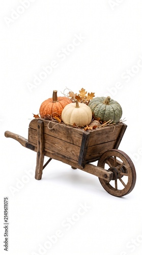 Rustic wooden wheelbarrow filled with colorful pumpkins and autumn leaves, perfect for seasonal decor