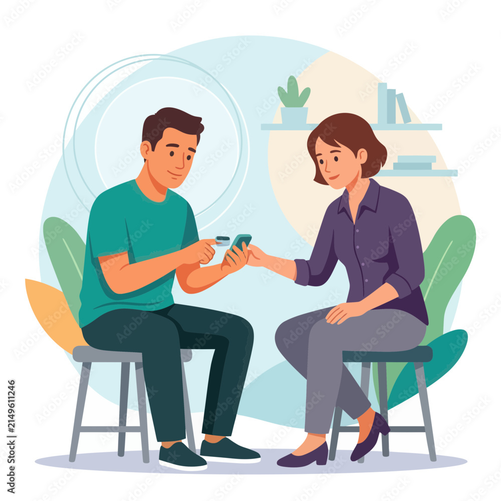 Obraz premium Two people using a smartphone for online transaction with credit card, flat vector illustration.