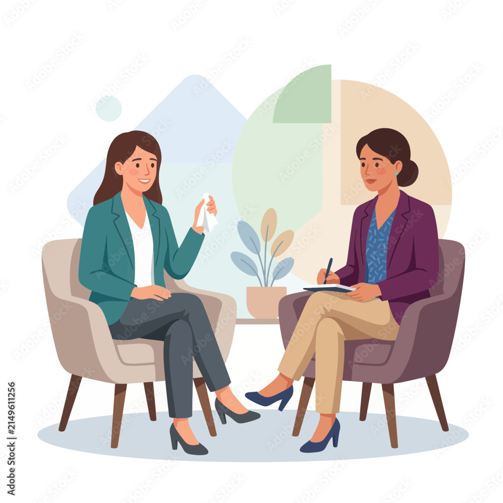 Obraz premium Two women in a therapy session, one crying, the other taking notes. Flat vector illustration.