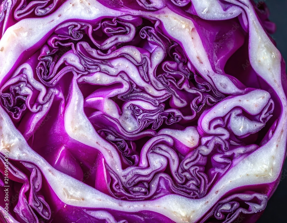Obraz premium Macro closeup of vibrant red cabbage layers, intricate natural vegetable texture, purple and white pattern