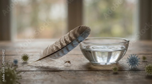 West Nile Virus conceptual shot with mosquito feather and water bowl in a medical setting