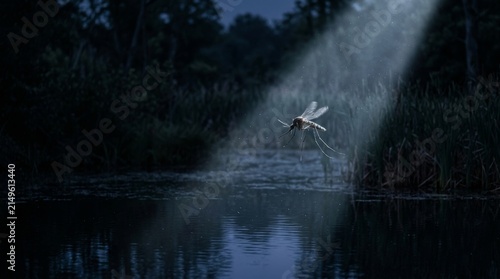 West Nile Virus mosquito flying over dark swamp water in dramatic spotlight at night