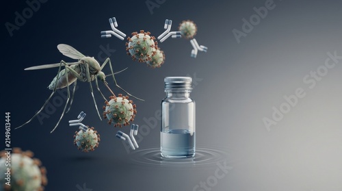 West Nile Virus conceptual 3D render with mosquito and medical vaccine vial for research