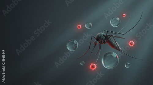 West Nile Virus mosquito vector illustration with glowing viral particles in dark background