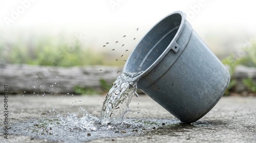 Mosquitoes swarming over a tipped bucket of standing water representing West Nile virus risk