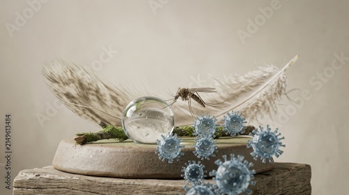 West Nile Virus conceptual macro shot with mosquito and floating virus particles