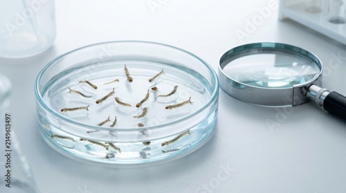 Mosquito larvae in petri dish for scientific research on West Nile virus transmission