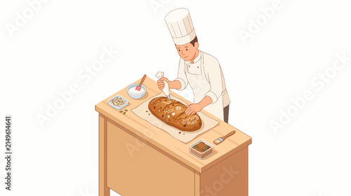 Chef decorating a loaf of bread with frosting using a piping bag