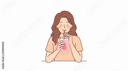 Young Woman Enjoying a Refreshing Pink Drink with Ice and Straw