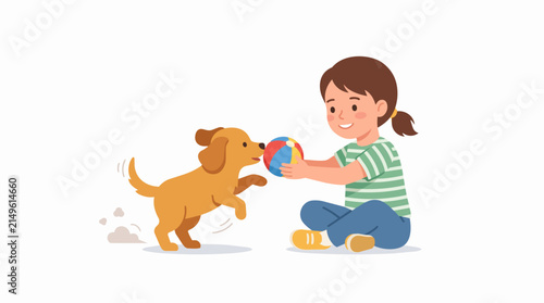 Cute cartoon girl playing with a dog with a colorful ball